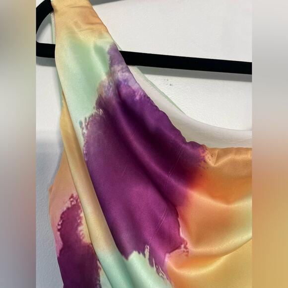 Hello Molly Talk To Me Midi Dress Size 8 – One Shoulder Satin Pastel Print - Picture 11 of 11